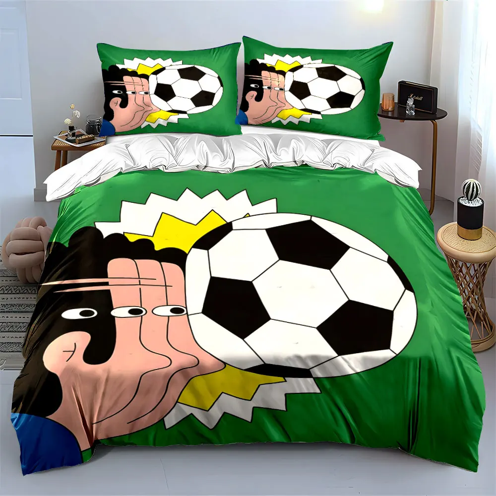 Funny Minimal Cartoon Soccer Header Player Bedding Set 3pcs, Green Background Comic Football Print Boys Bedroom Duvet Cover,Gift