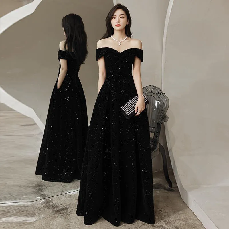 2026 New Style One-shoulder Black Evening Dress With Starry Fabric Birthday Party Evening Velvet  Dresses For Women Customized