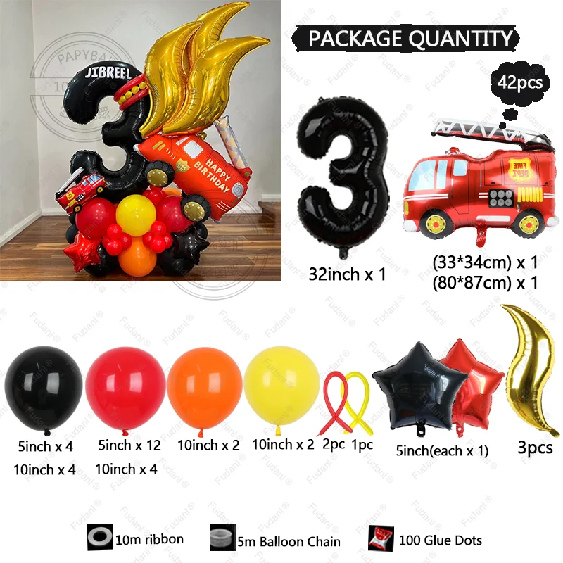 42 قطعة بالون شاحنة الإطفاء 1-9 مجموعة رقمية سوداء أحمر برتقالي أصفر النار Globos للبنين أطفال رجال الاطفاء تحت عنوان حفلة عيد ميلاد ديسمبر
