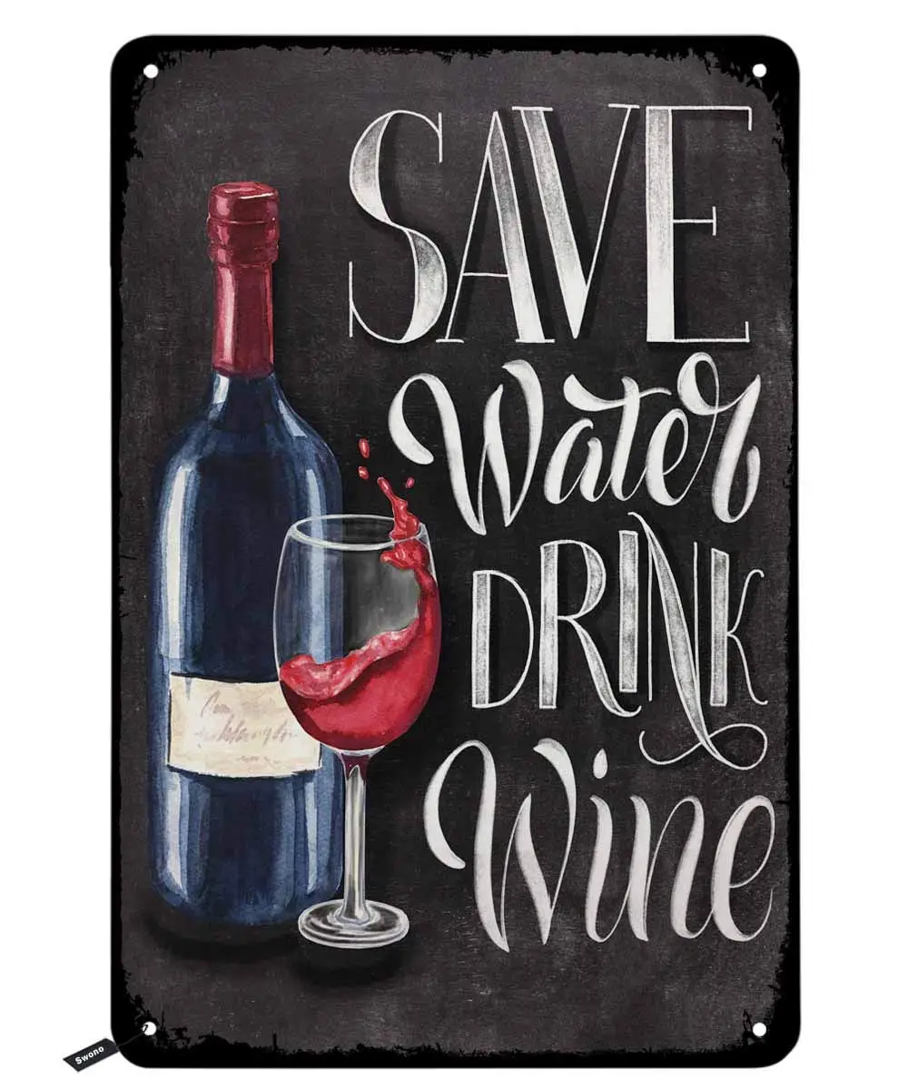 Swono сохраняющие воду вывески для напитков винного олова, бутылка и стакан на черной доске, винтажный металлический жестяной знак для мужчин и женщин, стена