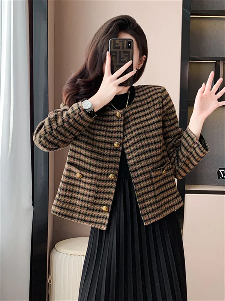 New Elegant Plaid Tweed Jacket Women Vintage Small Fragrant O-neck Long Sleeve Woolen Coat Fashion Office Lady Outwear Clothing