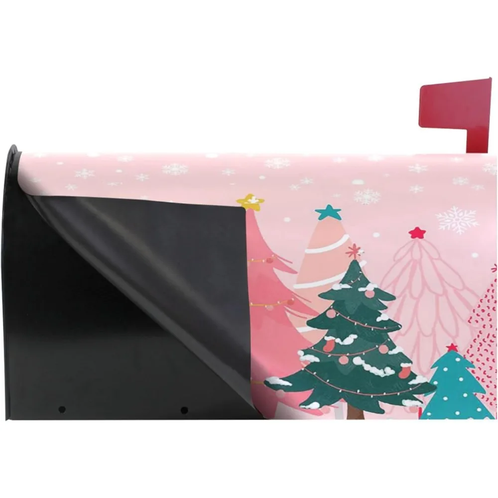 Pink Magnetic Christmas Tree Mailbox Cover with Snowflake Design, Standard Size 21"x18", Weather-Resistant Holiday Decor