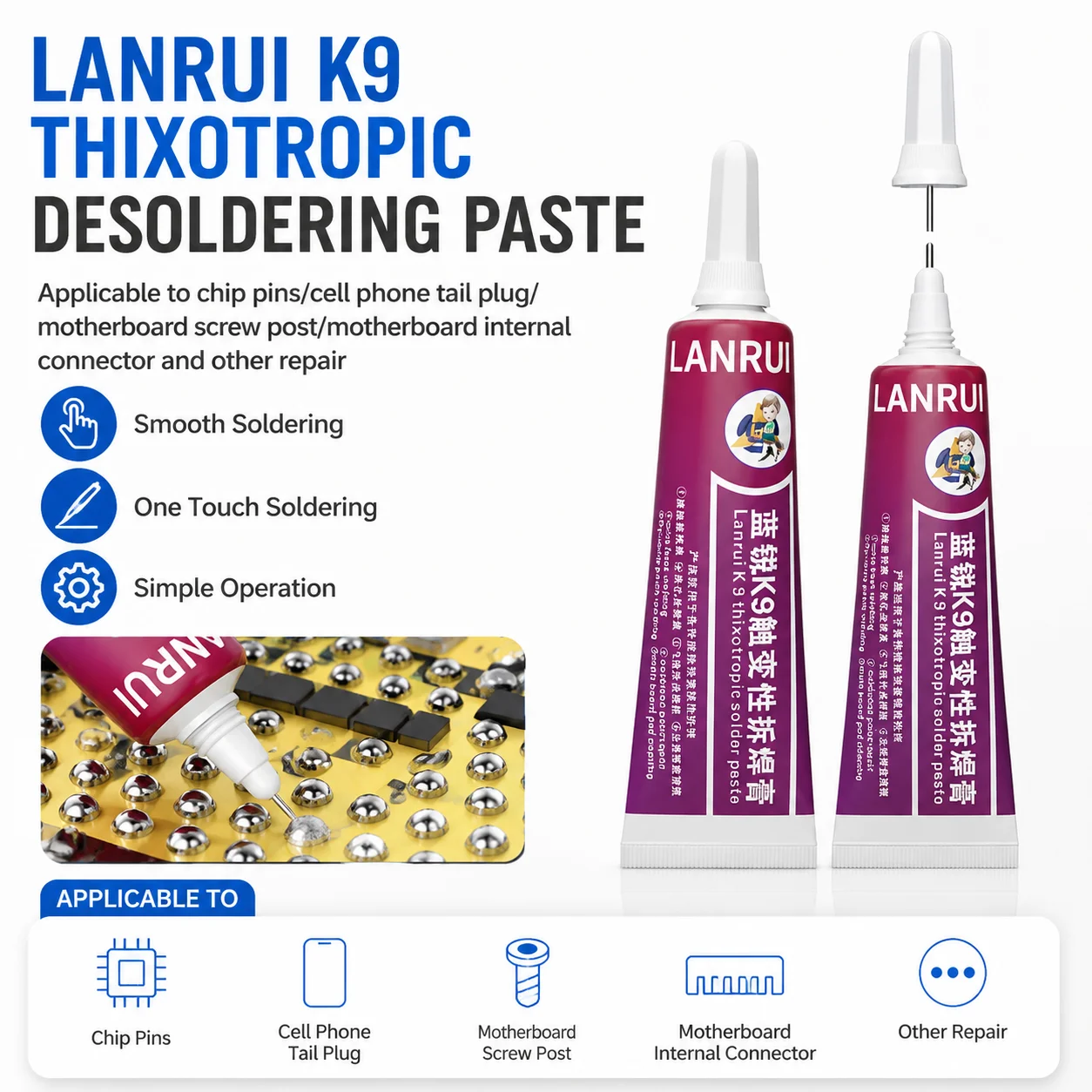 LANRUI K9 15ml Thixotropic De-Sulfurization Paste for Fingerprint Battery Seat Tail Plug Welding Desoldering Repair Tool