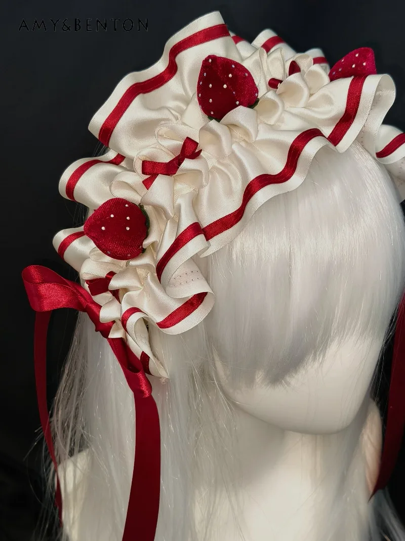 

Original Subculture Lolita Wine Red Strawberry Cake Bow Hairband Sweet Cute Christmas New Year Accessories Kawaii Girl Hair Clip