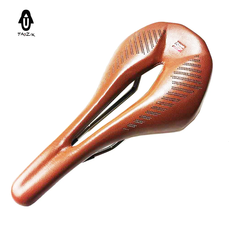 2023 TAOZIK 145mm Brown Imitation Leather Hollow Breathy Light Weight Racing Bike Saddle Bicycle Seat