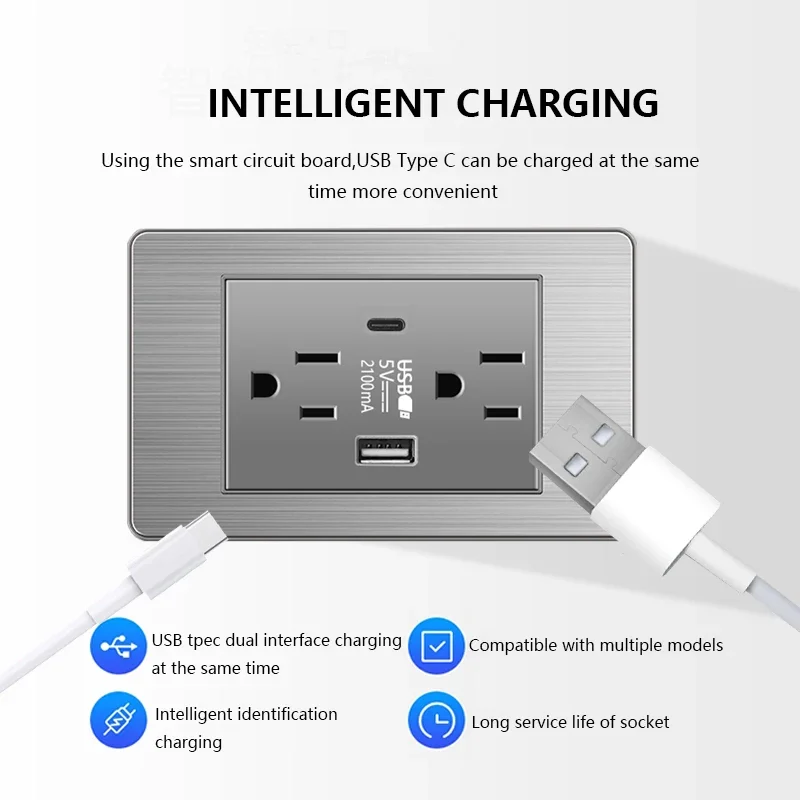 American Wall Electric Light Switch Stainless Steel Power Socket,Mexico Thailand plugs with Dual USB Type C Quick Charge Outlet