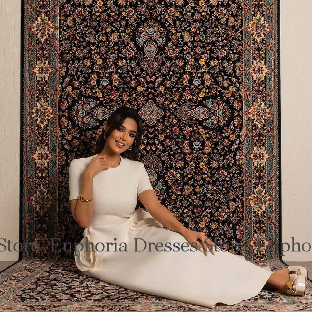 Dubai Damen-Cocktailparty-Kleider, Jersey-A-Linie, Ballkleid, Elfenbein, O-Ausschnitt, 3D-Blumen, gerüschte Ballkleider für Damen, Midi 2023