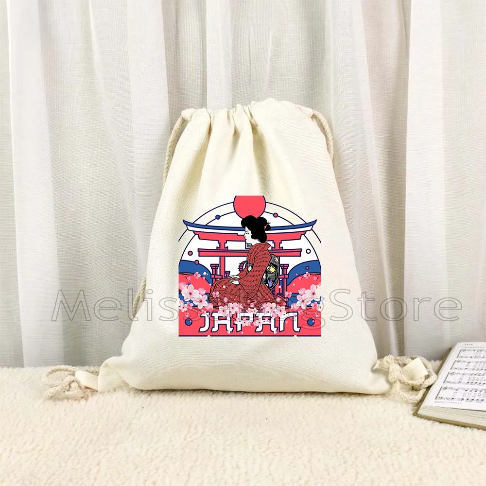 TOKYO Maneki Neko Cute Japanese Lucky Cat Mount Fuji Janpan Style Print Canvas Drawstring Bags Soccer Backpack Gym Yoga Sackpack