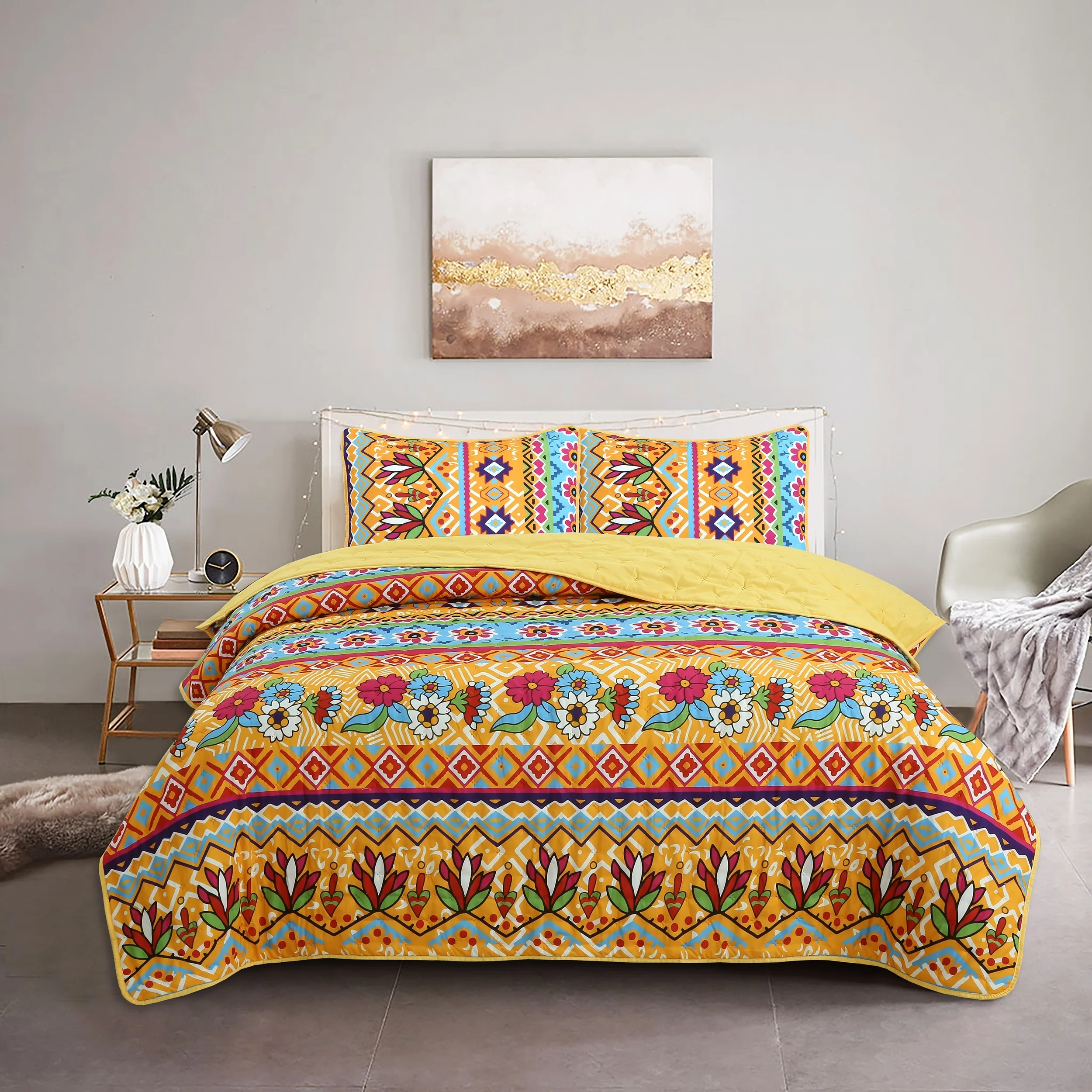 3pcs Bohemian Floral Pattern Comforter Set, 3D Digital Print, Soft-Touch Polyester, All-Season, Machine Washable, Woven