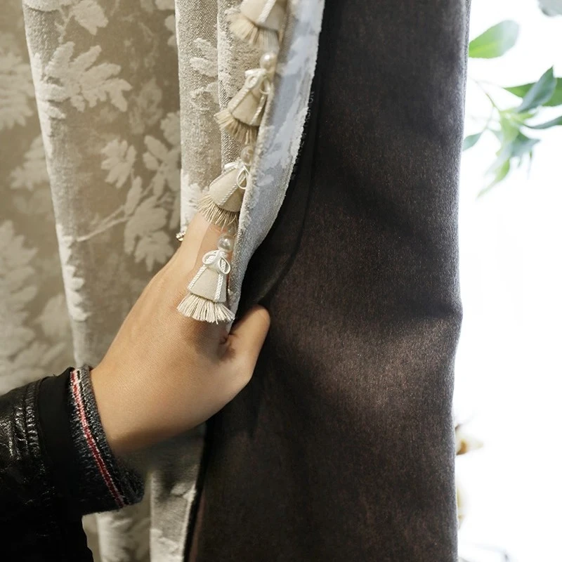Milk Tea Jacquard Leaves Chenille Thickened Blackout Curtains Living Room Bedroom French Window Customized Tulle