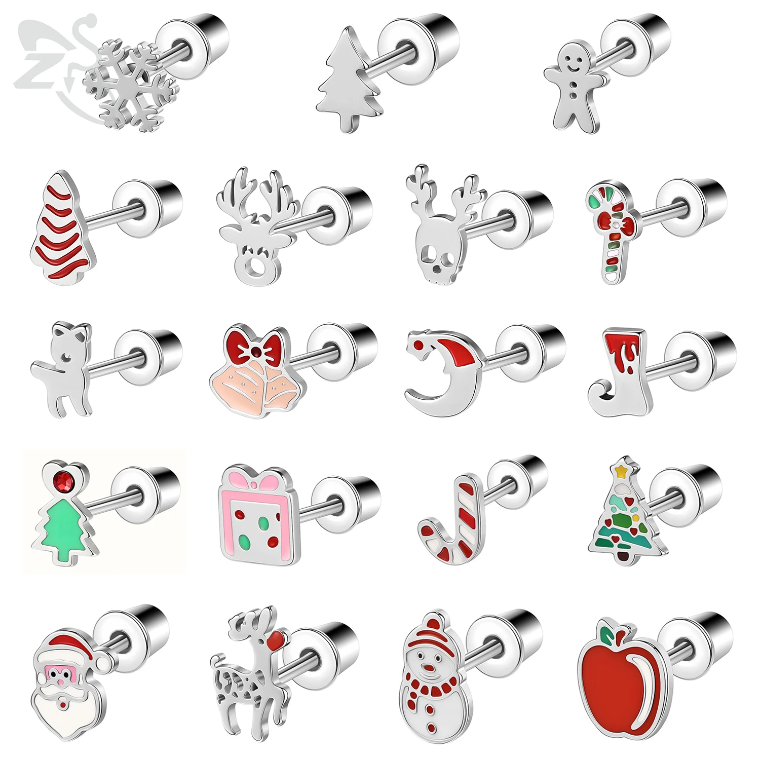 ZS 1 Pair Christmas Stainless Stud Earring For Women Girl Cute Snowman Santa Claus Earrings Cartilage Helix Conch Piercings Gift