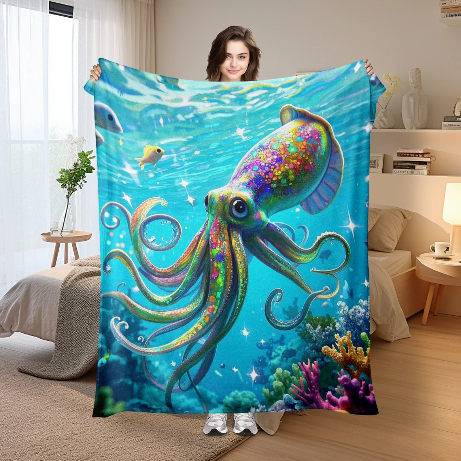 

Colorful Rainbow Octopus Underwater Blanket For Fantasy Ocean Themes And Whimsical Blue Sea Vibes In Home Decor