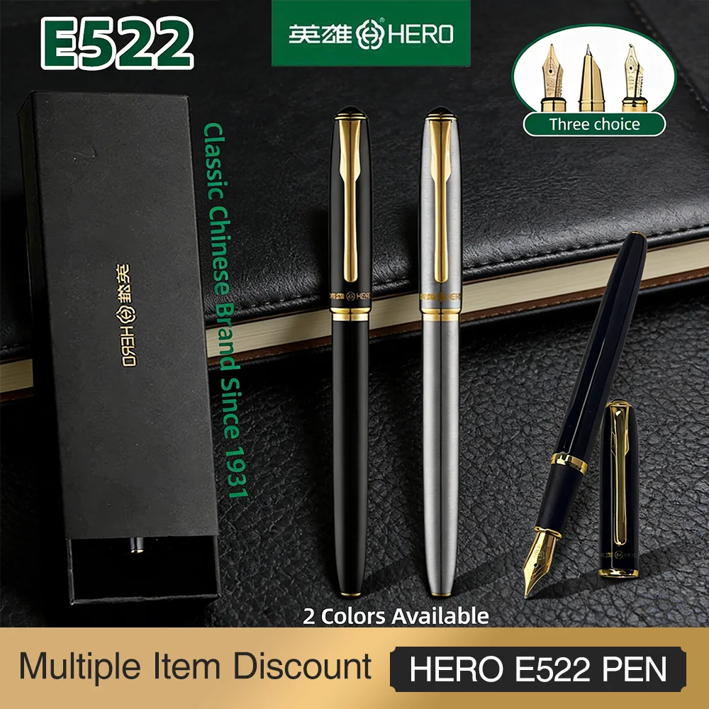 

Металлическая перьевая ручка HERO E522, металлическая ручка с противоскользящим матовым покрытием, 2-в-1, с двумя цветными перьями, студенческий набор, без чернил