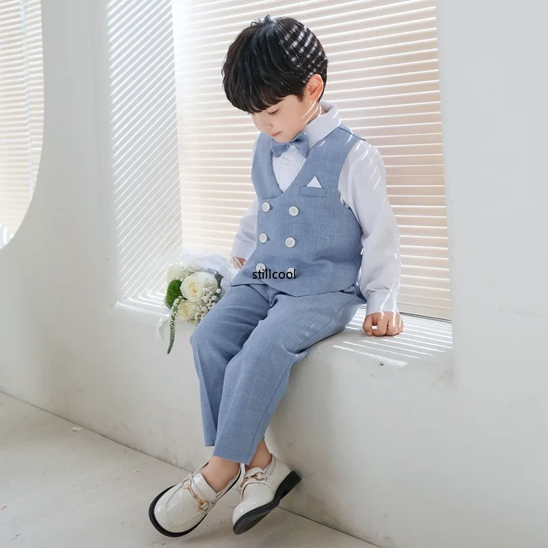 Boy Formal Suit 2024 Spring Handsome Vest Blazer Set Children Wedding Birthday Costume Summer School Host Performance Outfits