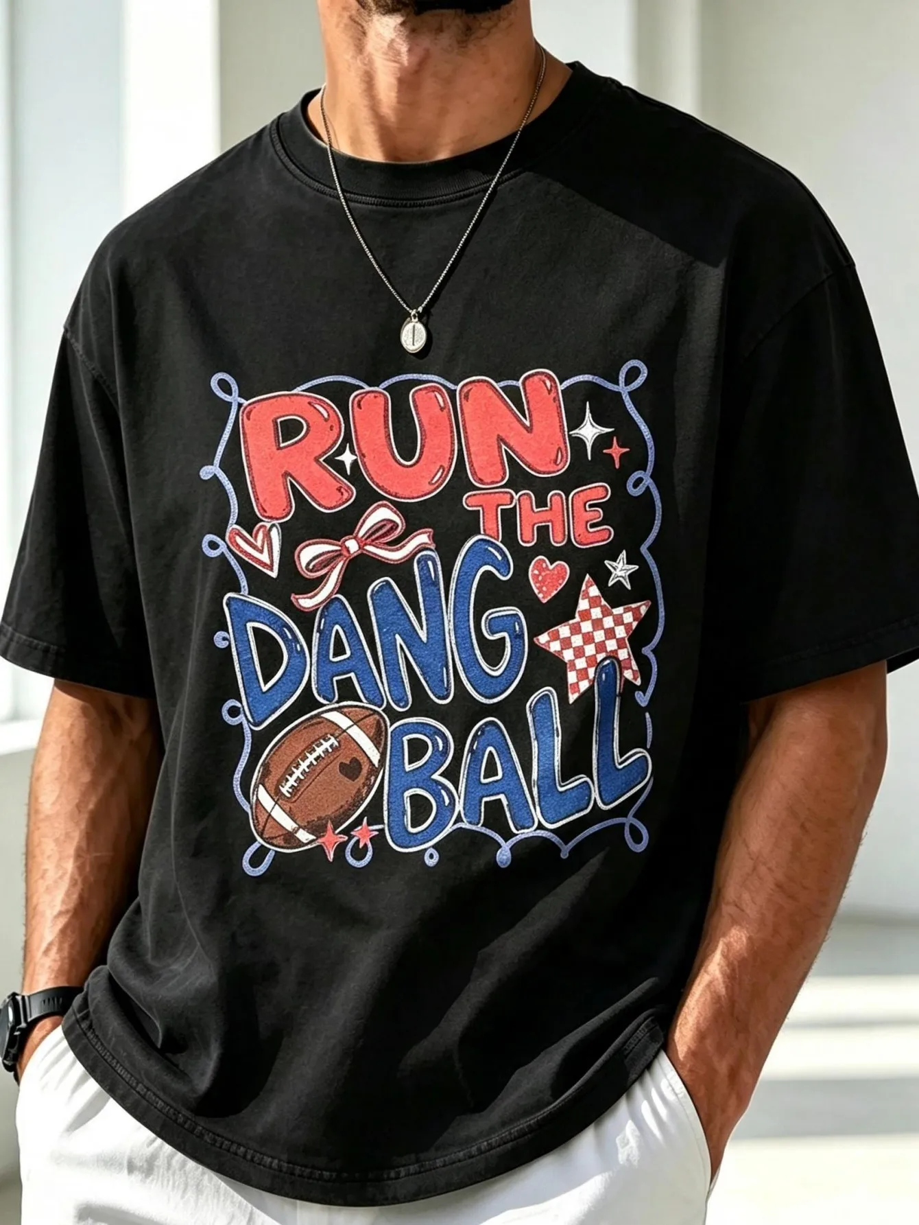 Mens Short Sleeve T-Shirt Game Day Run The Dang Ball Cute Retro Football Game Day Graphic Comfortable Stretchy Crew Neck Short Sleeve Tee Men Summer Casual Fashion Men Clothes Top Halloween Christmas Thanksgiving