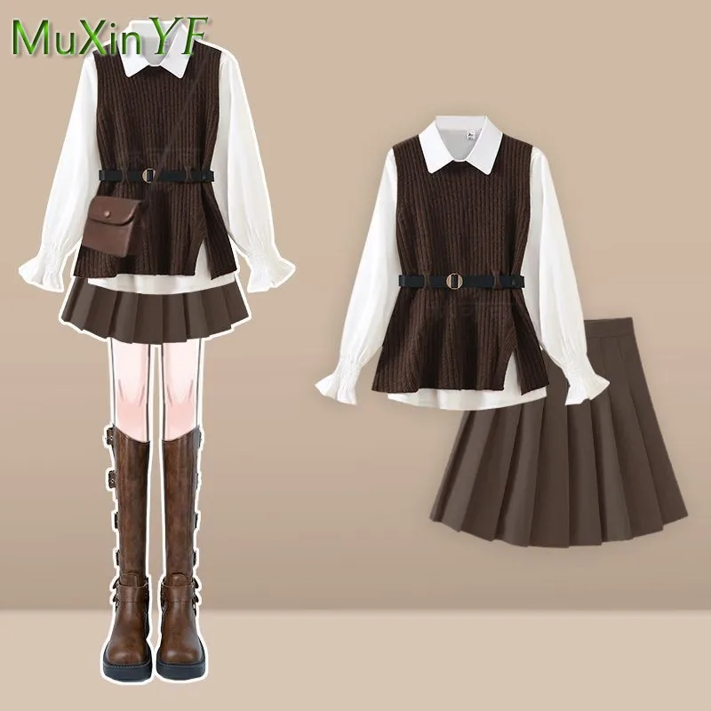 2025 Women Autumn/Winter New Fashion In Dress Matching Set Korean Elegant Knit Vest+White Shirt+pleated Short Skirt 3-Piece Suit