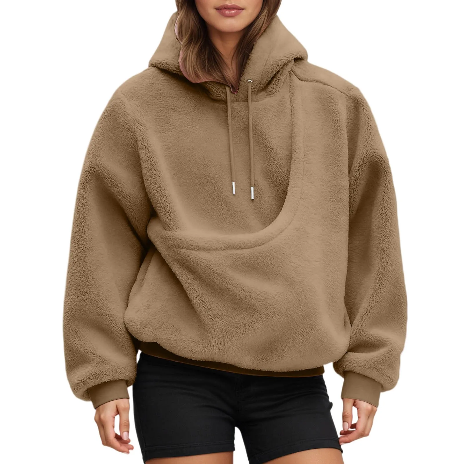 سويت شيرت بقلنسوة فضفاض من القطيفة على شكل جيب للحيوانات الأليفة للرجال والنساء، ملابس مريحة بلون سادة