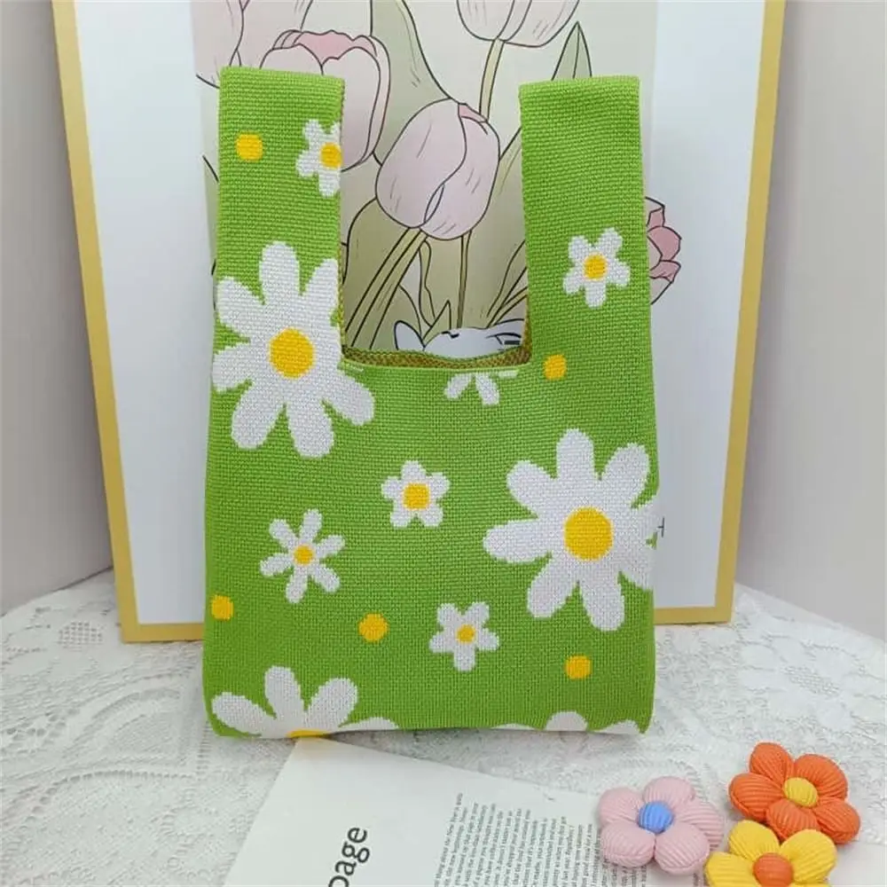 

Casual Knitted Knot Wrist Bag Handmade Large Capacity Tote Bag Flower Heart Embroidery Shopping Bags for Women Girls