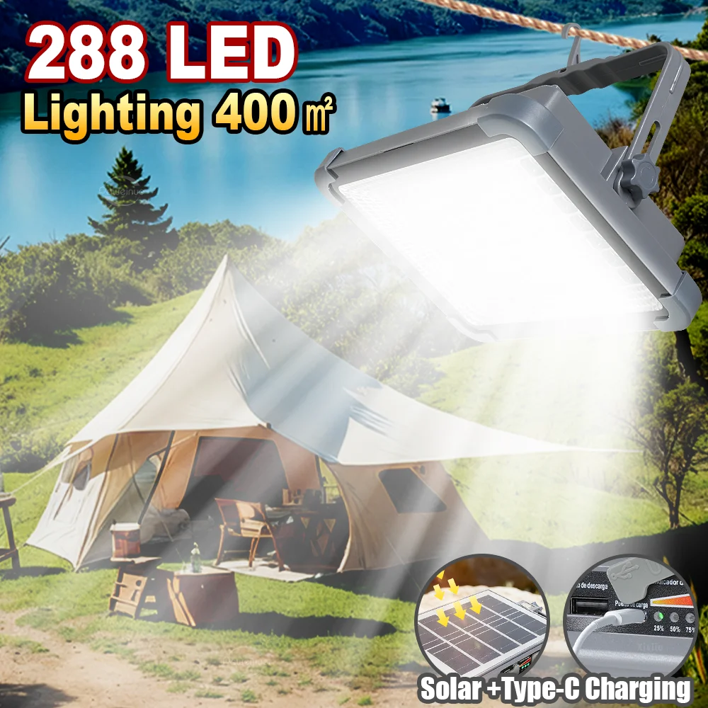 Portable Solar Lantern LED Tent Light Rechargeable Lantern Emergency Night Market Light Outdoor Camping Bulb Lamp Searchlight