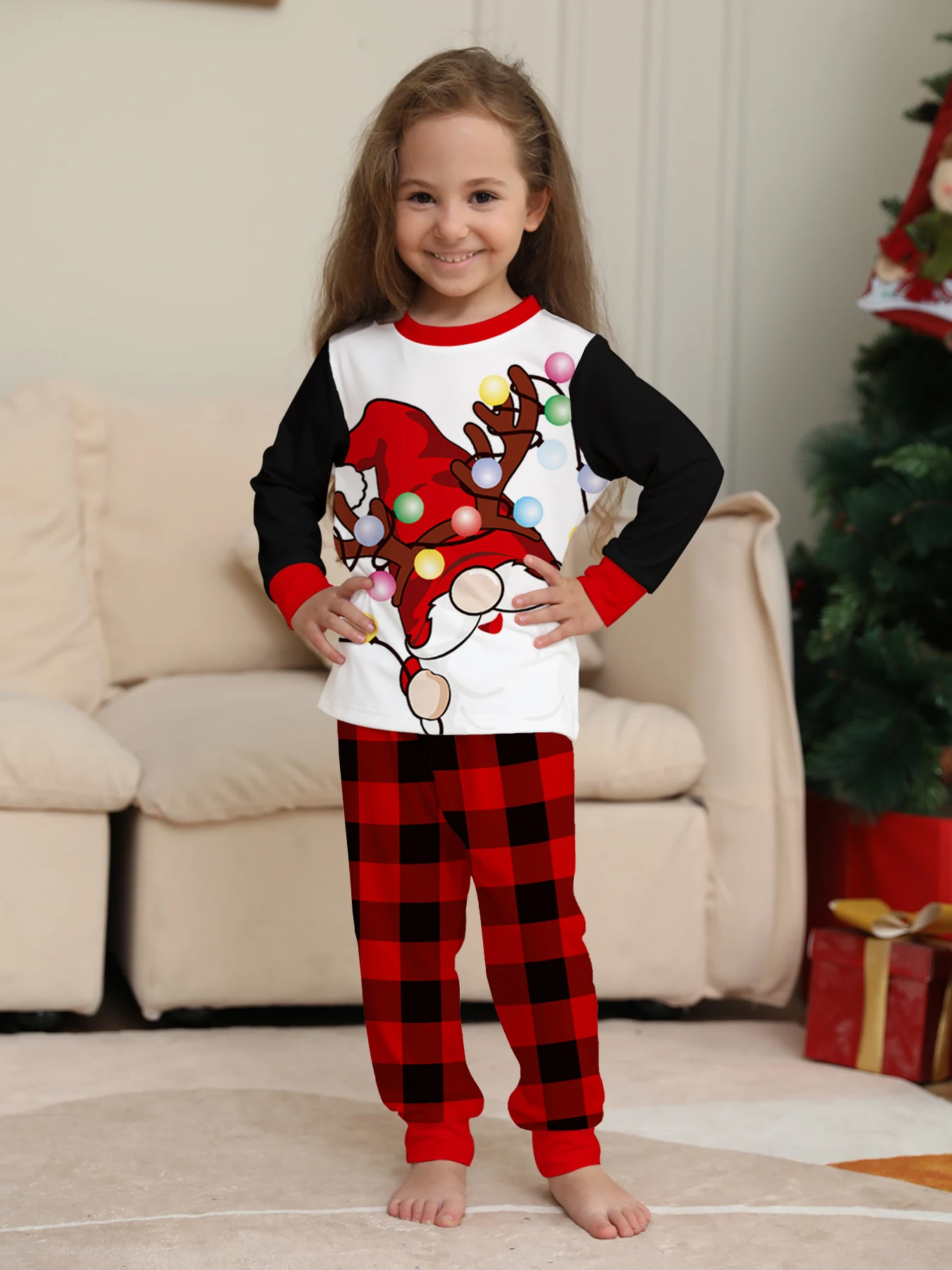 طقم بيجامات عيد الميلاد للأطفال سانتا كلوز مع أضواء حمراء وسوداء منقوشة مطبوعة ملابس نوم للأولاد والبنات