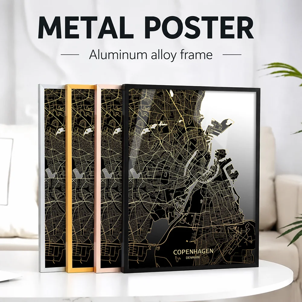 Copenhagen City Map Framed Metal Print Customized Photo Contemporary Scenic Style Wall Art For Living Room Housewarming Gift