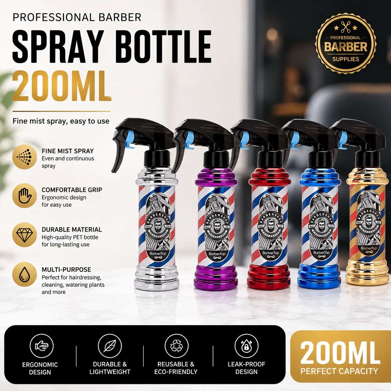 200Ml Spray Bottle High Pressure Water Can Barber Stylist Fine Mist Sprayer Refillable Container Barbershop Supplies