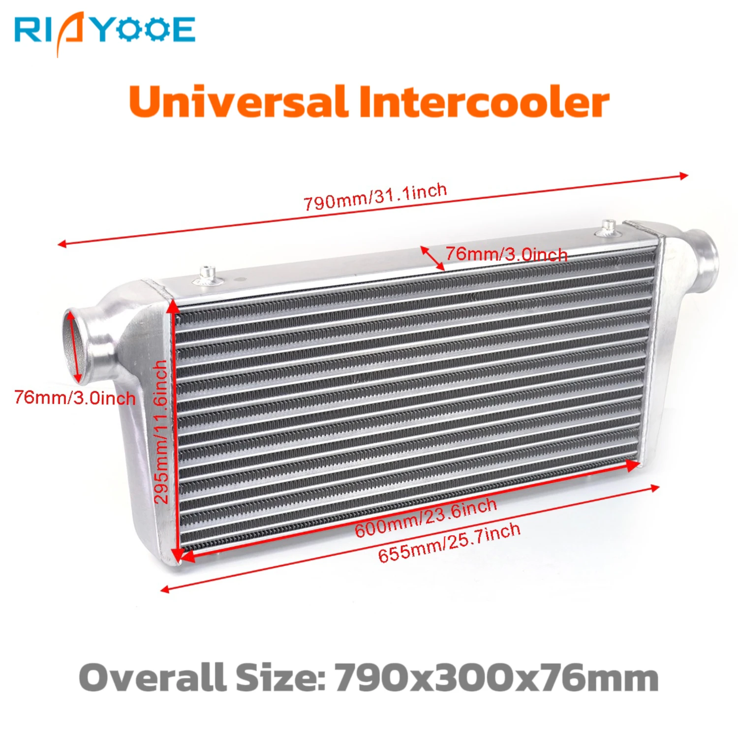 

Outlet 76mm Car Intercooler Universal 600x300x76mm Front Mount Tube and Fin Structure Aluminum Air Intake Radiator Intercooler