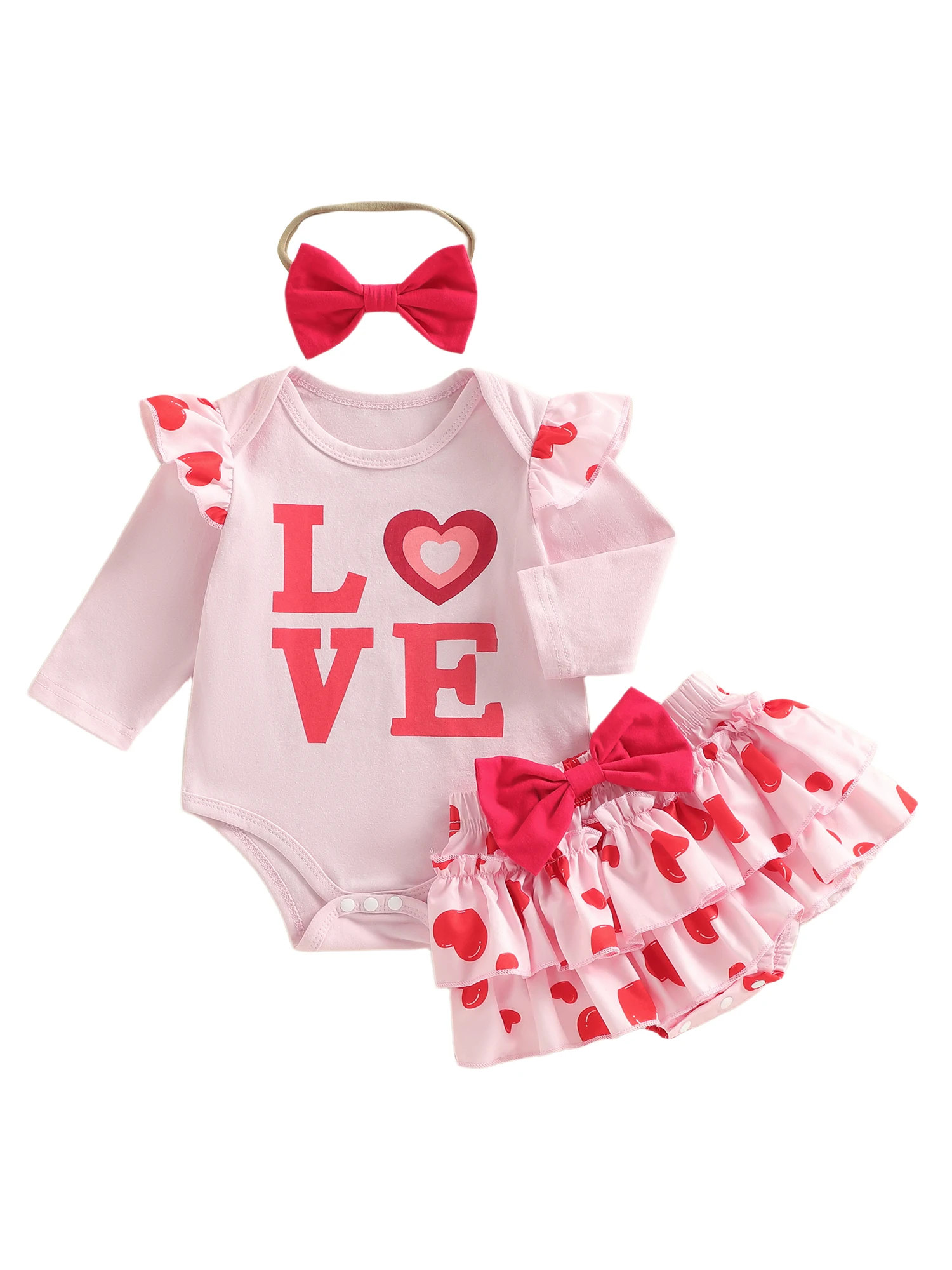 طقم مكون من 3 قطع للفتيات الصغيرات لعيد الحب مع أكمام طويلة ورقبة دائرية وطبعة قلب وعصابة رأس وتنورة توتو - رائعة