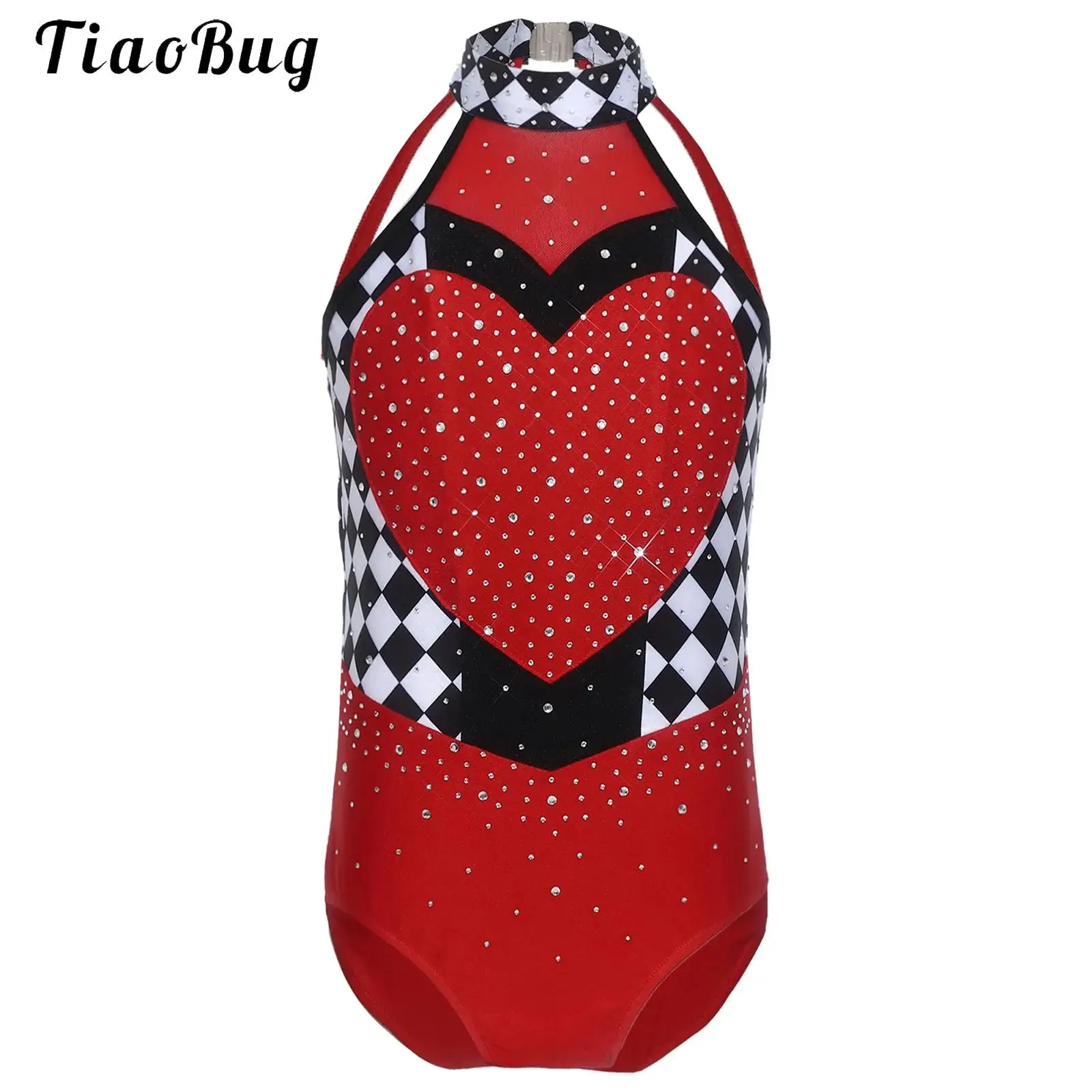 Kids Girls Heart Queen Dress Up Halloween Circus Costume Jumpsuit Rhinestones Halter Sleeveless Checkerboard Leotard Bodysuit