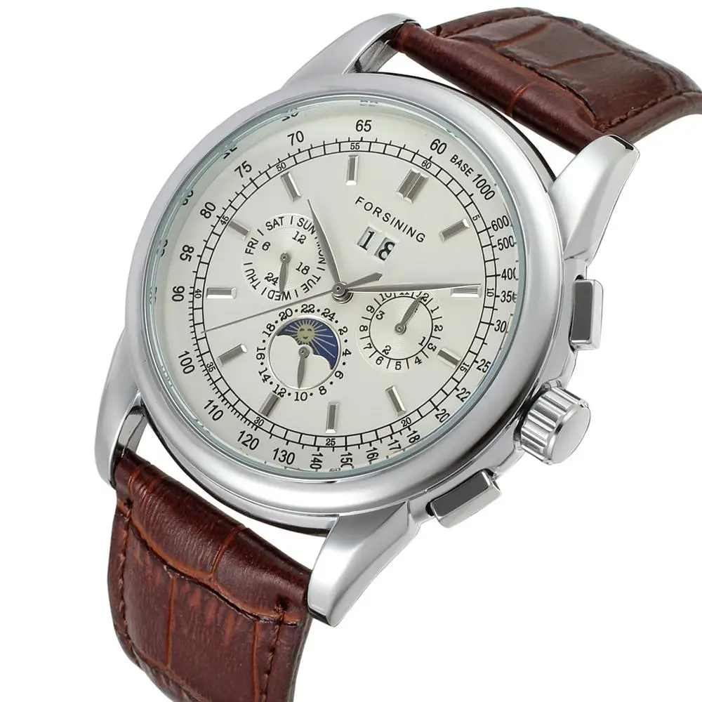 Luxury Brand New Style Moonphase Calendar Display Brown Leather Strape Automatic Movement Mens Watches Top Brand Luxury Watches