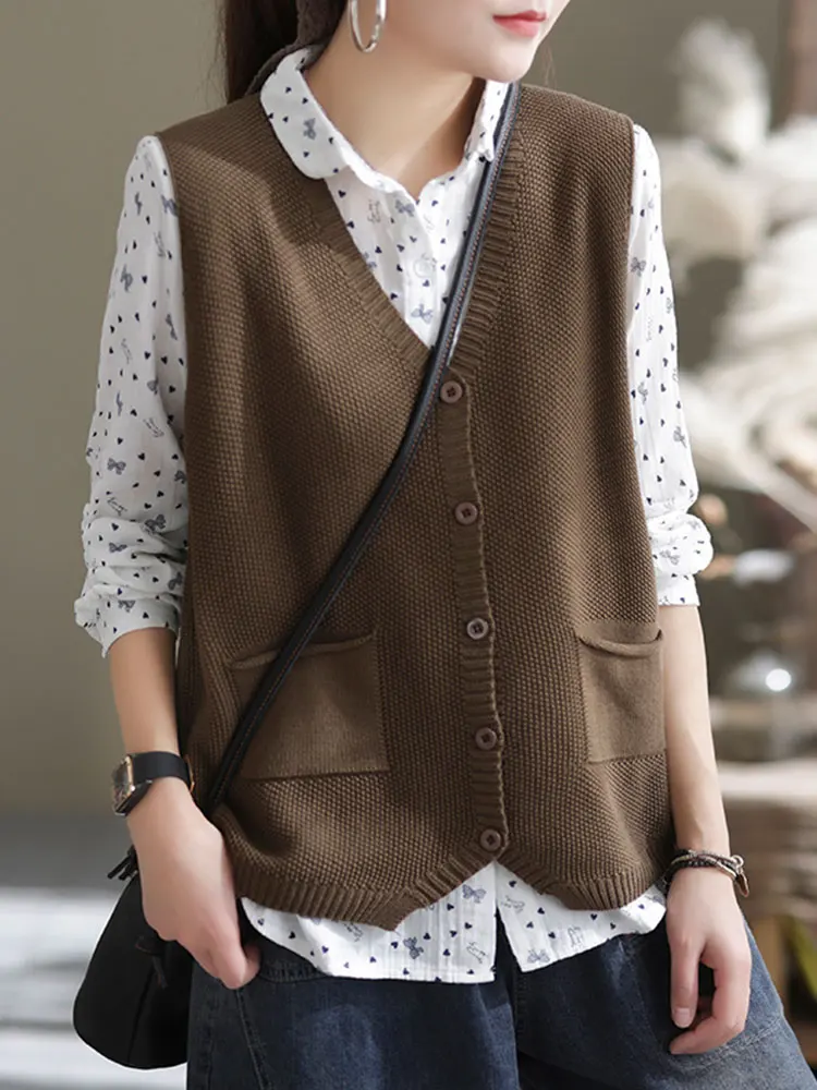 

Retro Knitted Vest Women's Spring Autumn Loose Large Size Ladies Sweater Faionable Open Cardigan Trendy ort V-ne