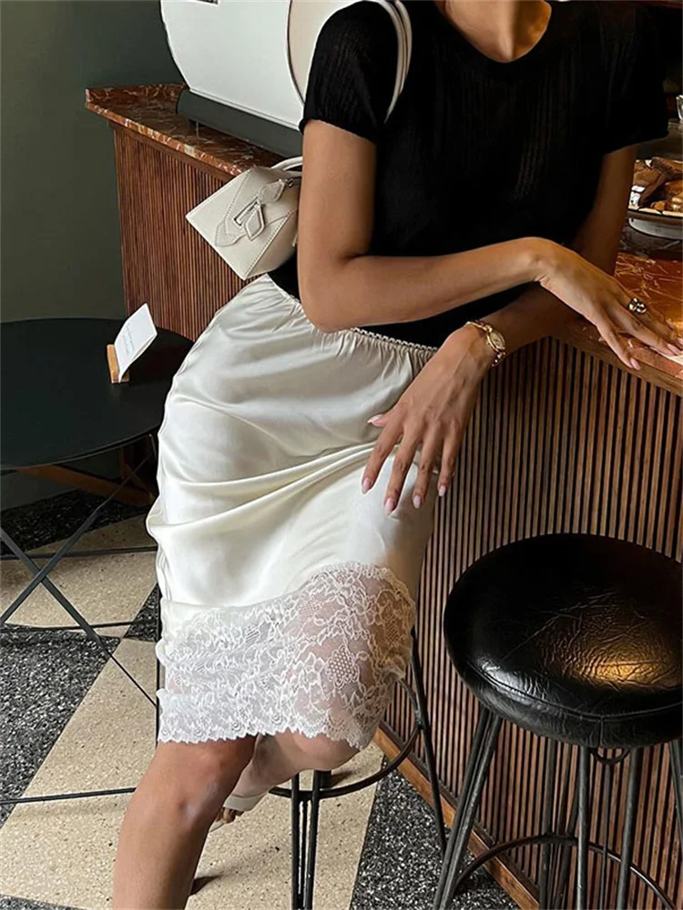 

Leosoxs White Casual Lace Long Skirt for Women Slim High Waist Patchwork Elegant Commute Clothes Summer 2025 Female Maxi Skirt