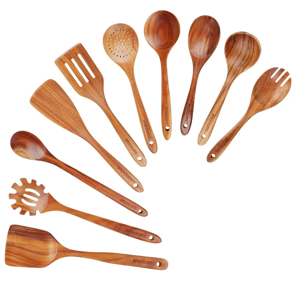 Wooden Spoons for Cooking, Wooden Utensils for Cooking, Natural Teak Kitchen Utensils Set Comfort Grip (10 PCS SET)