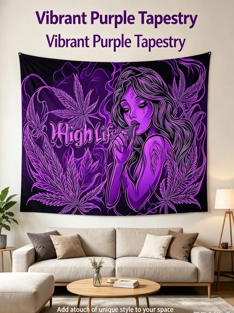 Purple High Life Cannabis Tapestry Wall Hanging, Trippy Weed Leaf Art for Bedroom & Living Room