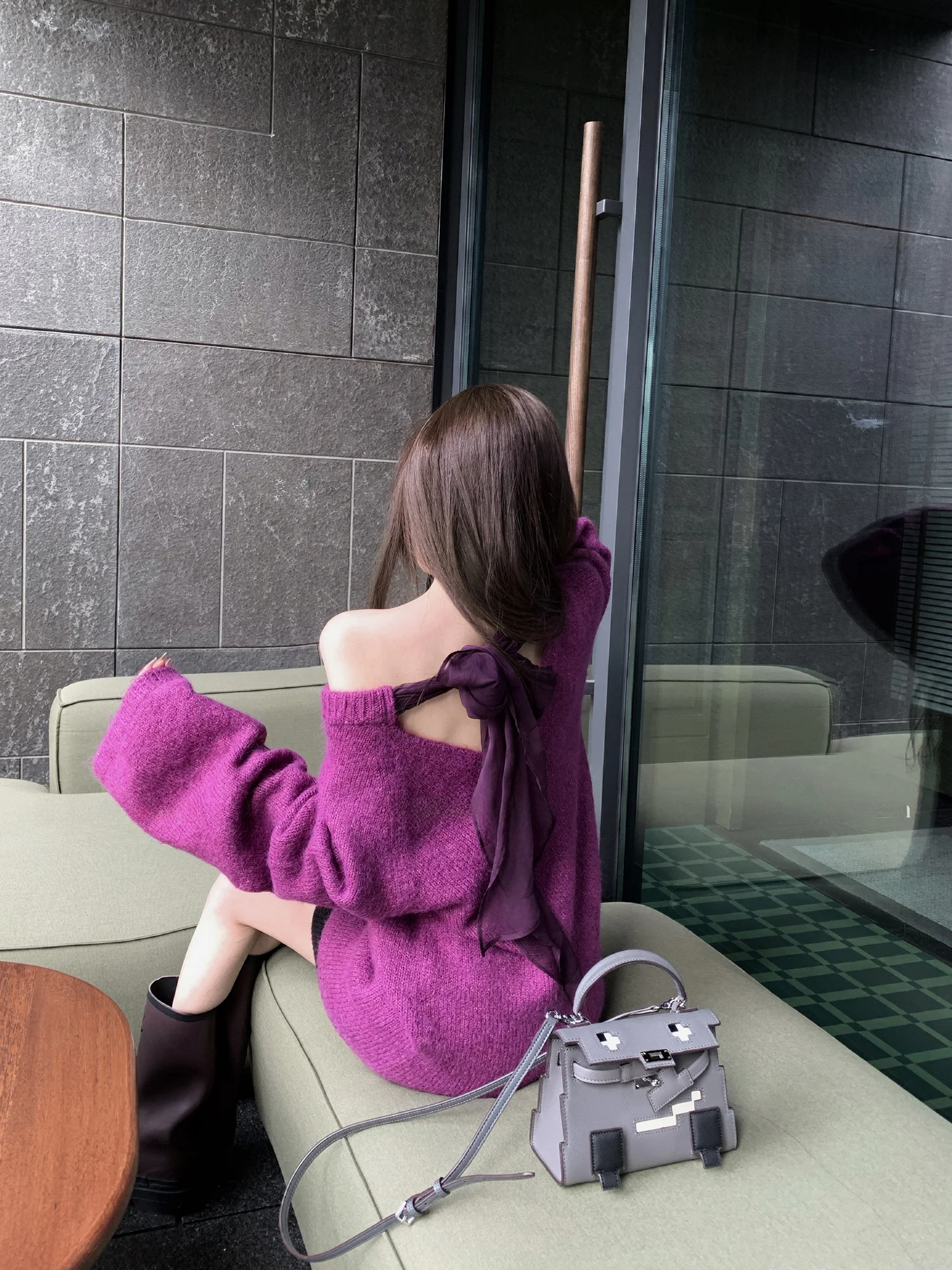 

Loose F Project Purple Rose Wool Sweater with Knot And Rear Sa Lazy Sle Women's Online Exclusive Winter Faion