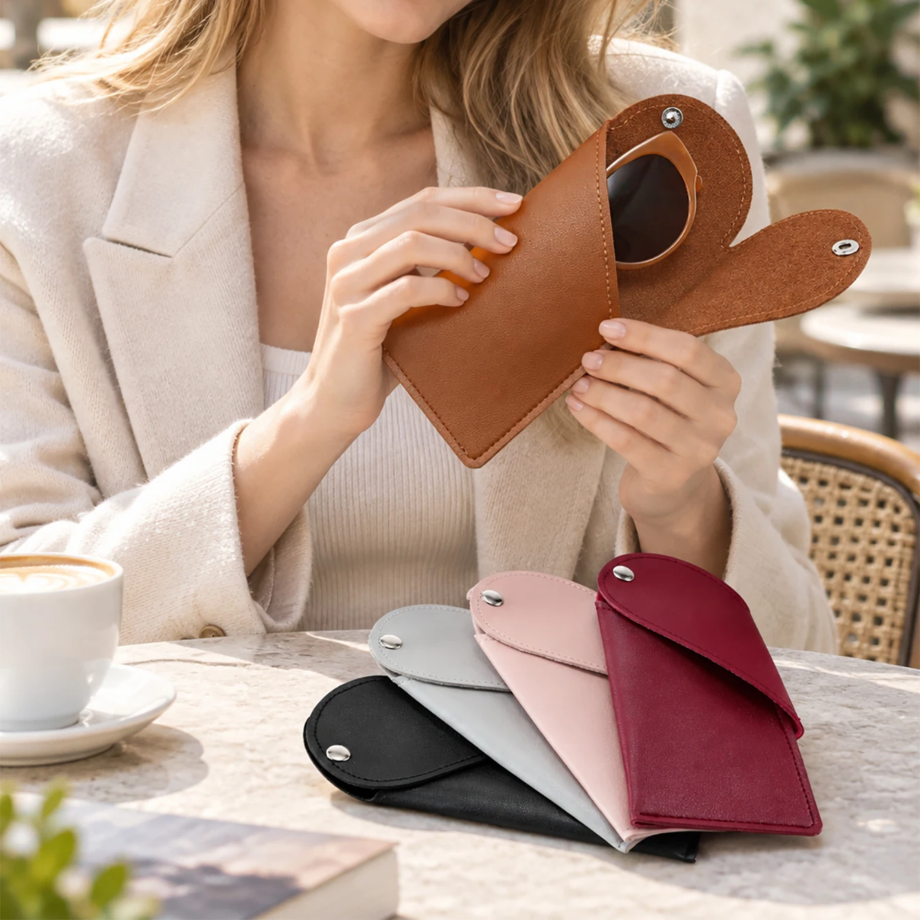 1pc Stylish PU Leather Sunglasses Case Portable Anti-Scratch Snap Button Solid Color Eyeglass Pouch for Women Travel Daily Use