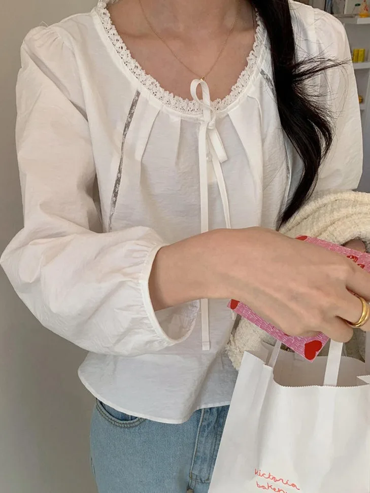 

Gentle Lace Trim Collar irt Women's Autumn Sle Sweet Youthful Bubble Sve Top Korean Faion ort Sve Polyester