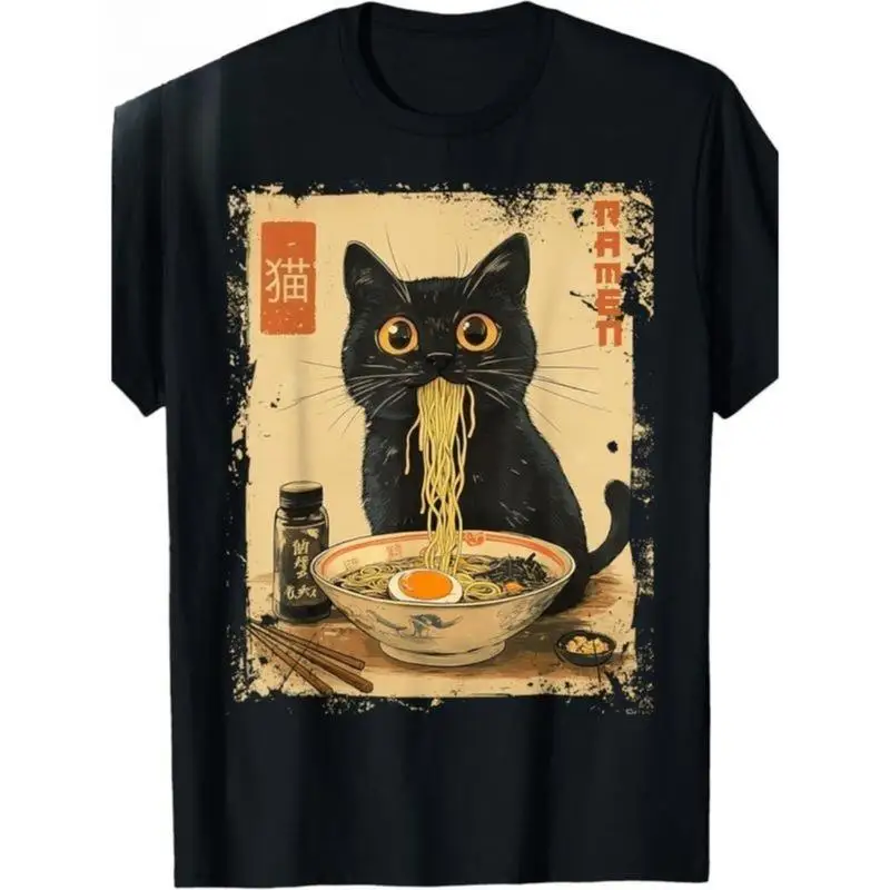 Men's 100% Cotton Soft Round Neck Short Sleeves Casual Fit T-Shirt - Retro Kawaii Animal Print, Heat Transfer Ramen Cat All-Over Design, Preppy Party Apparel, Breezy All-Season