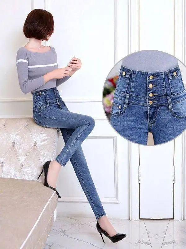 

High Waist Skinny Jeans Women's Trousers Belly Cleanfit Sle Mid-Elastic PU Fabric High Waist Tight Skinny Pants S