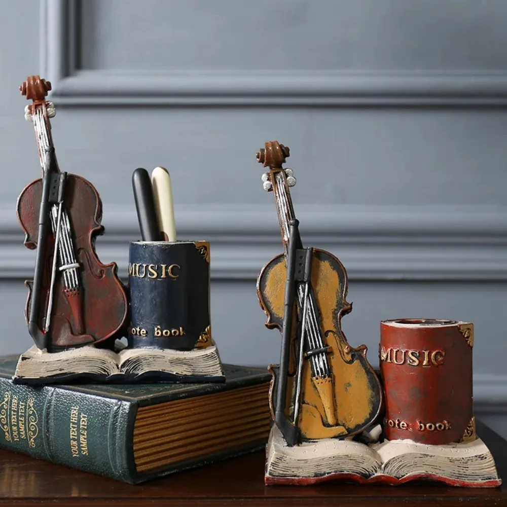 American Retro Violin Pen Holder Creative Desk Decor for Study Office Practical Gift Ornament