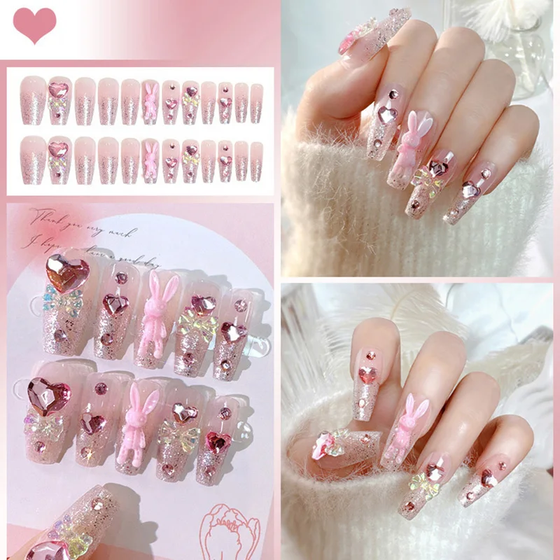 Faux ongles rose blush avec nœud papillon, diamant, perle, 3D, design, à presser, avec bord lisse inoffensif, pour femmes, N64.N64.N64.