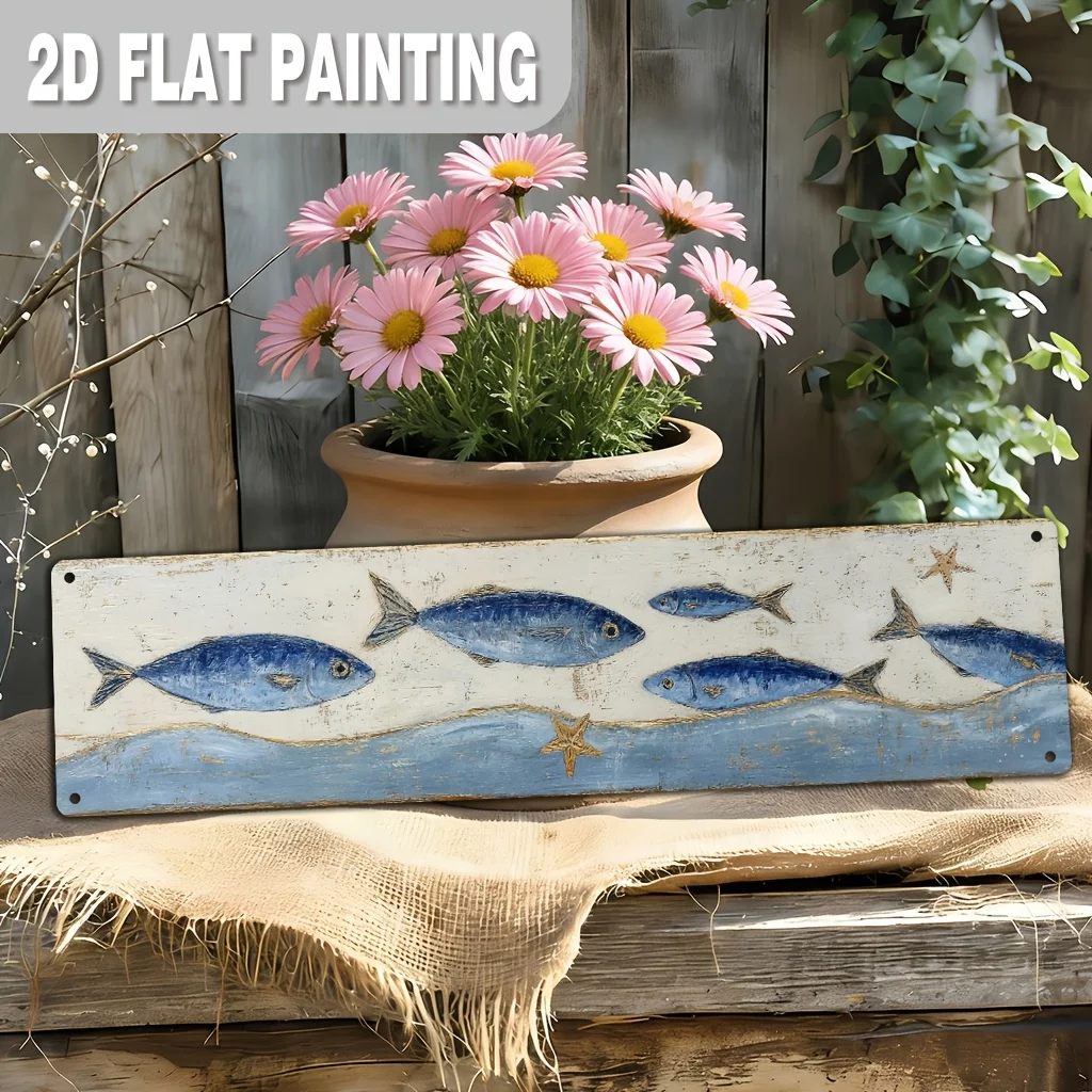 Home Decor Signs and Wall Plaques, Blue Fish-shaped Metal Sign, Nautical Wall Decor, Suitable for Home,, Bathroom, Beach House