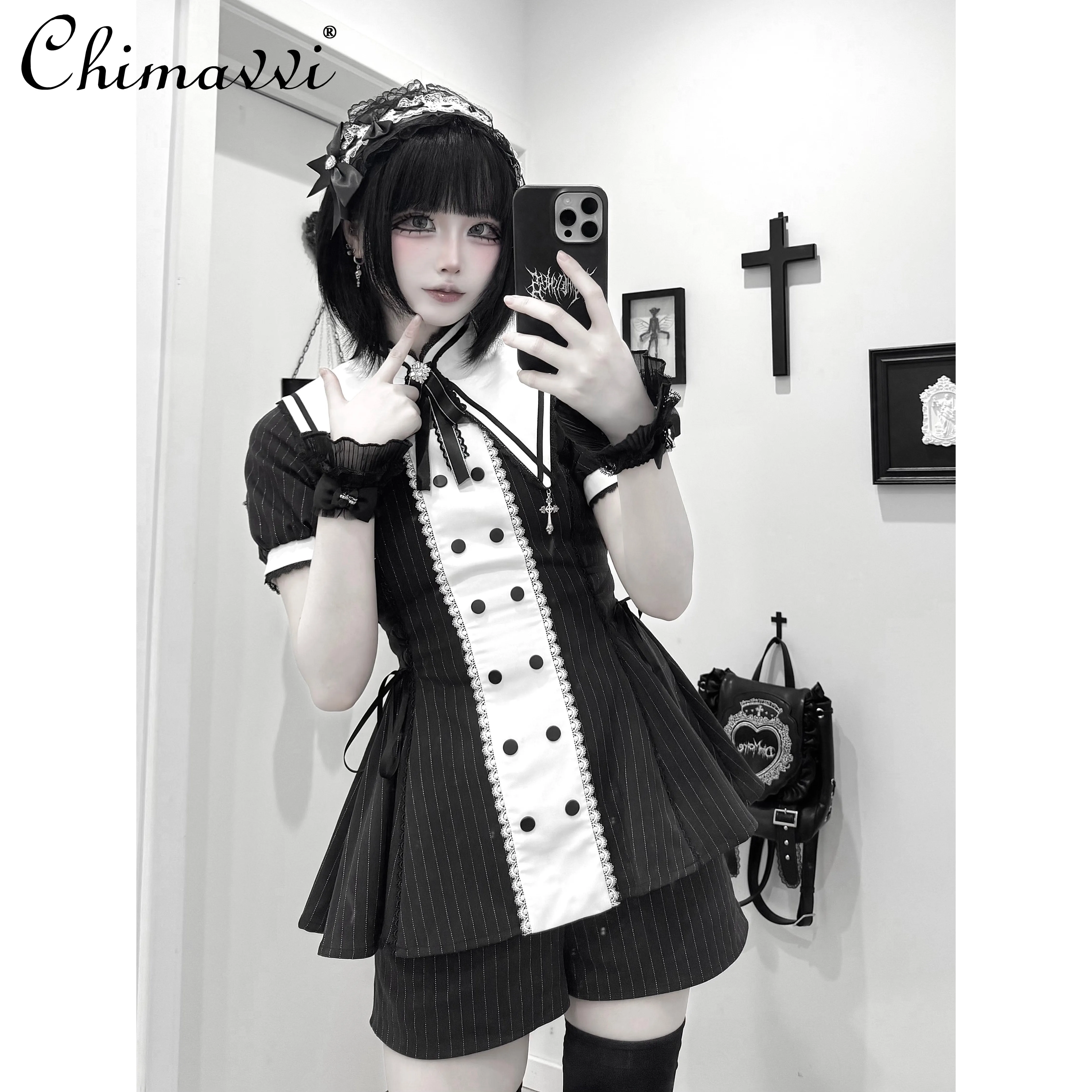 Black and White Striped Japanese Lace Girl Dress Set Gothic Mine Short-sleeved Slim Top + Shorts Dark Girl Lolita Two-piece Set