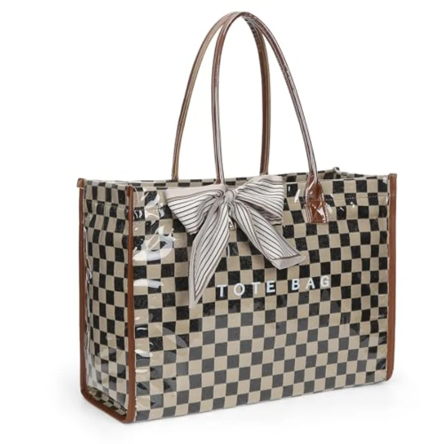 

Lushandy PVC Tote Bag for Women Large Plastic Tote Purse Work Kraft Paper Letter Print Shoulder Bag Carry All Hobo Handbag