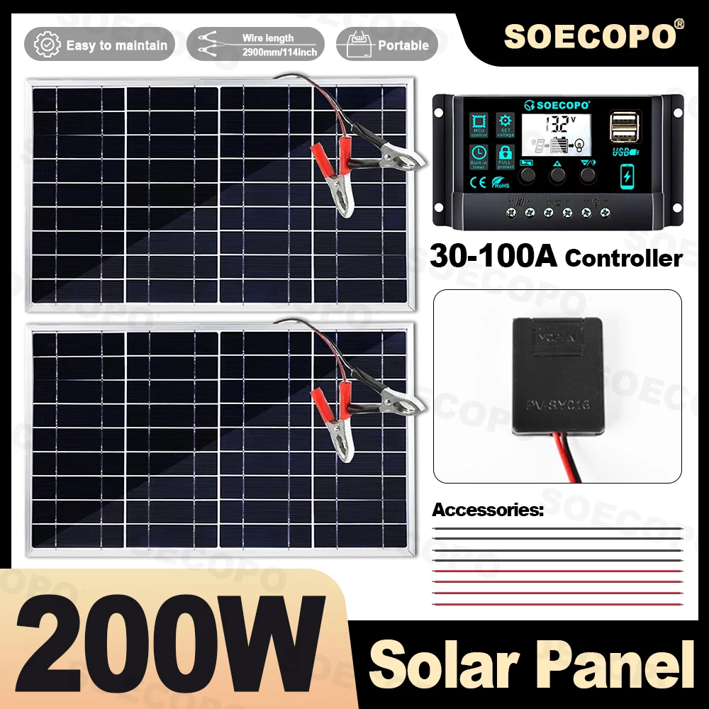 SOECOPO 100W Photovoltaic Set Portable Solar Panel 18V with 30A - 100A Controller Generator for Home Camping Balcony Conversion