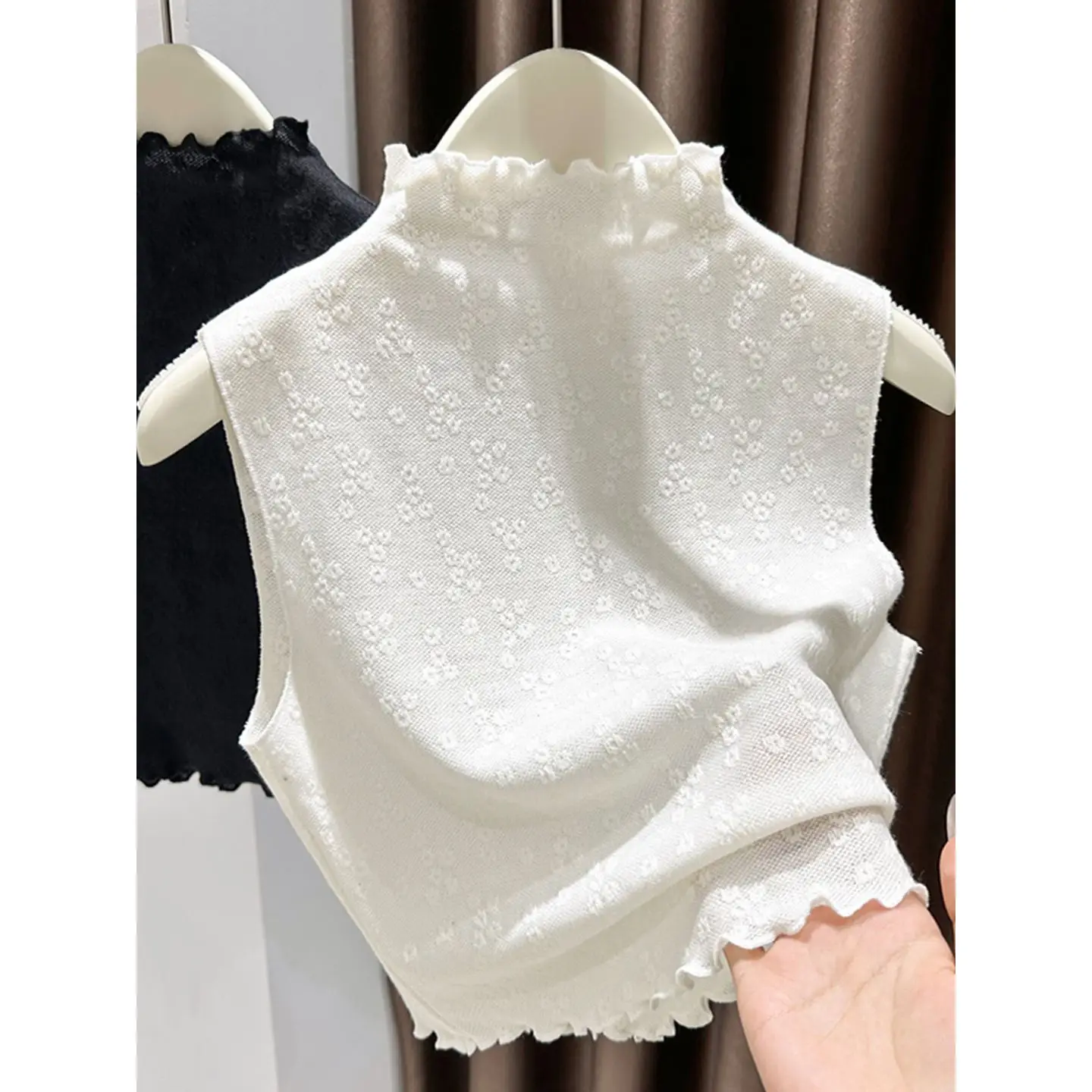 top-sem-mangas-com-gola-falsa-de-renda-estilo-empresarial-gola-alta-detalhe-floral-para-mulheres