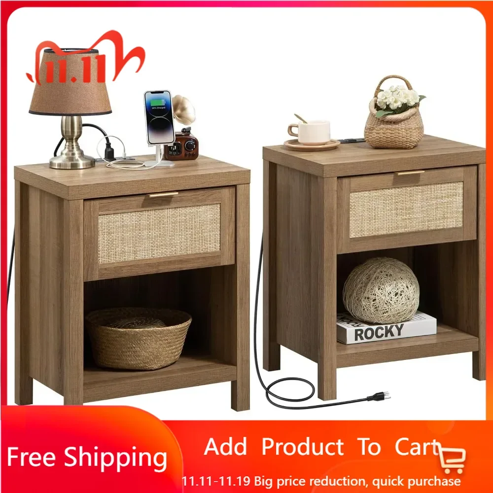 Rattan Nightstand Set of 2, Farmhouse Night Stands with Charging Station Bedside Table with Drawer, Boho End Table with USB