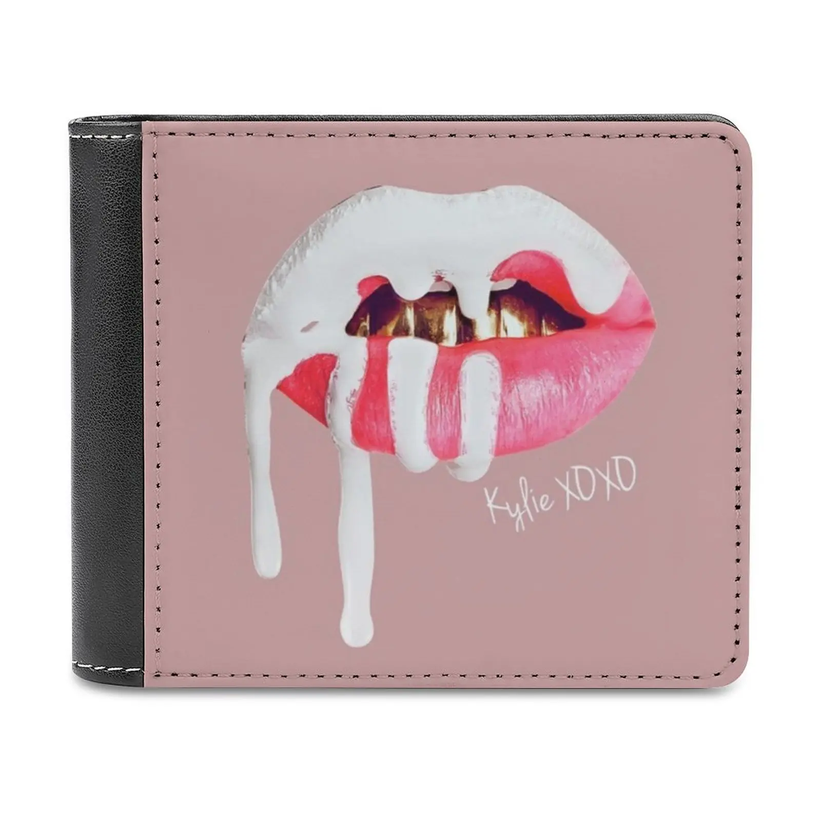 Kylie Xoxo Cartera de cuero de oro rosa para hombre, monedero negro clásico, tarjetero, cartera de moda para hombre, labios de lápiz labial de oro rosa