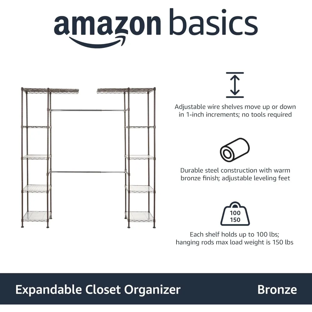 Expandable Metal Hanging Closet Organizer and Storage Rack Wardrobe with Shelves, 57-80''L X 14''W X 72''H, Bronze Closet