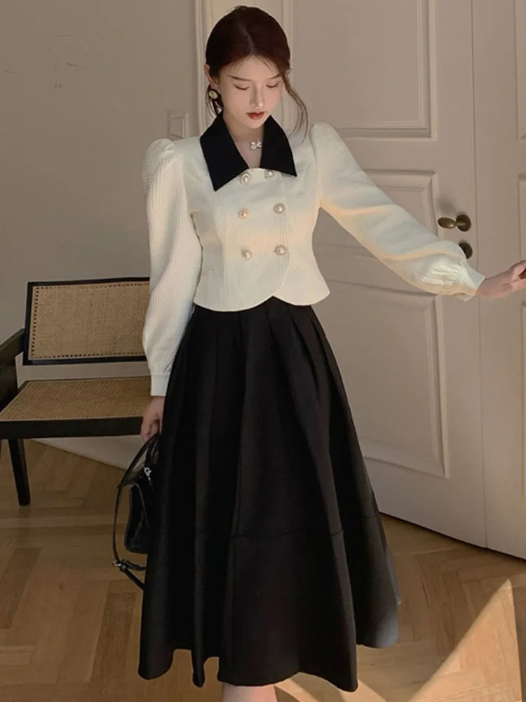 2023 Spring Elegant Two Piece Set Women Casual Slim Korean Coat + Black Pleated Gothic Vintage Midi Skirt Office Lady Skirt Srts